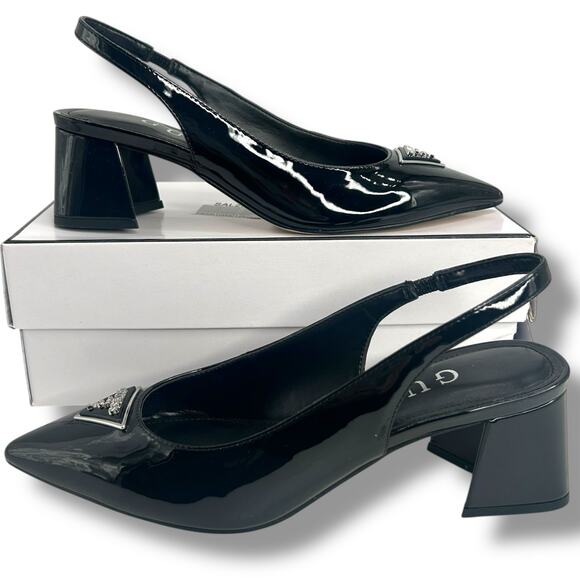 GUESS Zanda Slingback Block Heel Pumps Black Patent Size 7.5 Pointy Toe Heels - Picture 2 of 12